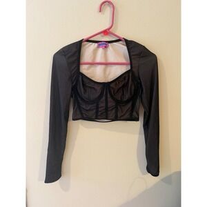 Edikted Black Mesh Corset Crop Top Long Sleeve Bustier Blouse Size M
